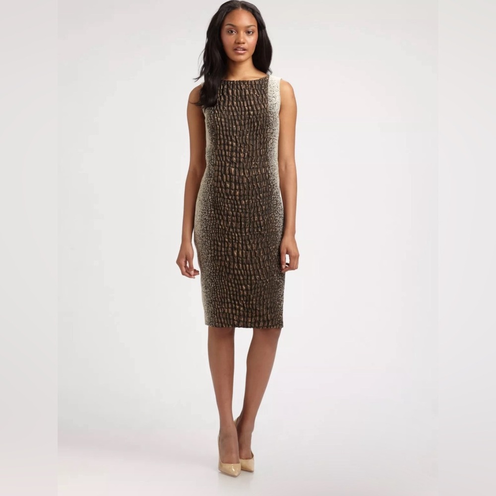 Lafayette 148 New York Faith Reptile Snake Print Shift Dress 6 Wool Blend Brown